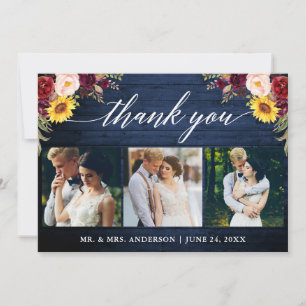 Calligraphie Mixed Floral Wedding Blue Wood Dankeskarte
