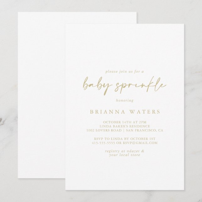 Calligraphie Moderne Elegante Gold Baby Sprinkle Einladung (Vorne/Hinten)