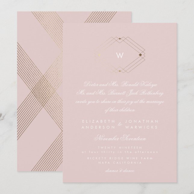 Calligraphie Monogram Gold Foil Blush Pink Wedding Einladung (Vorne/Hinten)