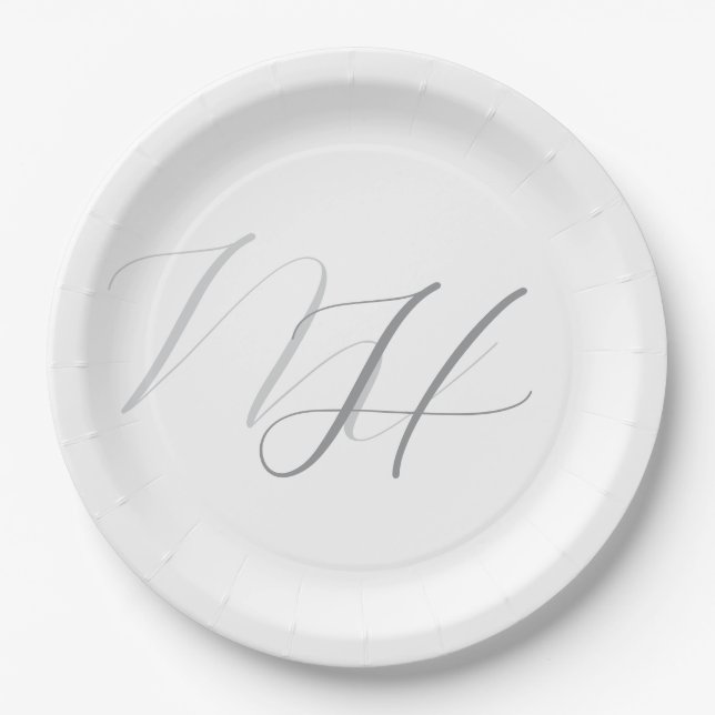 Calligraphie Monogram White Gray Schlicht Simple Pappteller (Vorderseite)