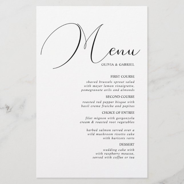 Calligraphie noir blanc minimaliste menu mariage (Devant)