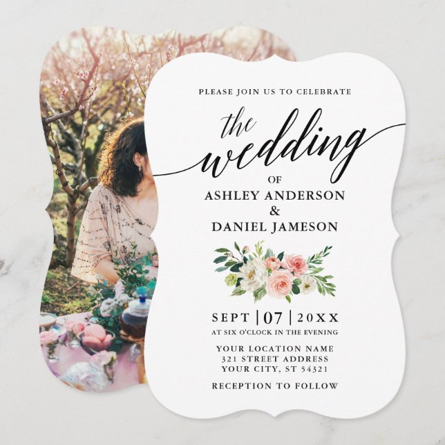 Calligraphie Pink Foto Hochzeit mit weißer Blüte Einladung (Vorne/Hinten)