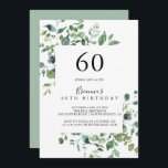 Calligraphie Script Foliage 60. Geburtstagsparty Einladung<br><div class="desc">Diese Kalligraphie-Schrift aus dem 60. Geburtstag lädt zu einer modernen Geburtstagsparty ein. Das Design ist mit Aquarellfarben handgezeichnet eleganten botanischen Eukalyptuszweigen und Blätter,  die in schönen Bouquets und geometrischen Mustern angeordnet sind.</div>
