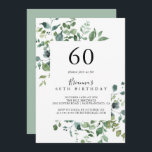 Calligraphie Script Foliage 60. Geburtstagsparty Einladung<br><div class="desc">Diese Kalligraphie-Schrift aus dem 60. Geburtstag lädt zu einer modernen Geburtstagsparty ein. Das Design ist mit Aquarellfarben handgezeichnet eleganten botanischen Eukalyptuszweigen und Blätter,  die in schönen Bouquets und geometrischen Mustern angeordnet sind.</div>