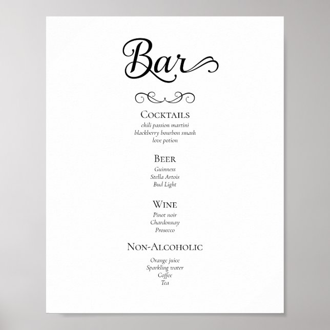 Calligraphie Script Wedding Drinks Menü-Zeichen Poster (Vorne)