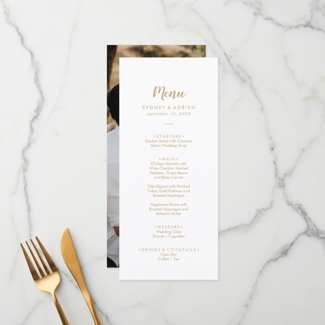 Calligraphie simple|Gold Photo Mariage Dinner Menu (Devant/Arrière en situation)