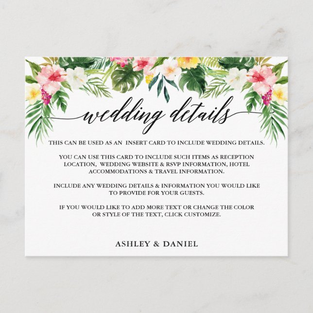 Calligraphie Tropical Floral Mariage Détails Carte (Devant)