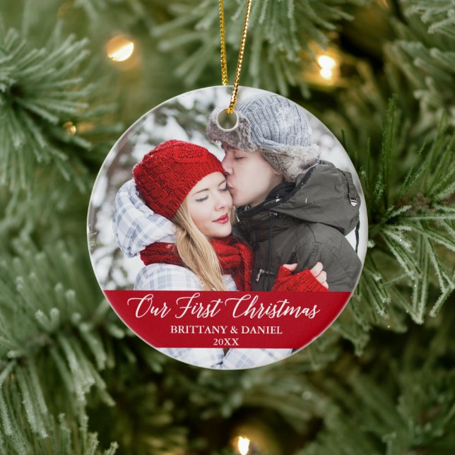 Calligraphie Unser erstes Weihnachtskupfer Foto Re Keramik Ornament (Baum)