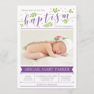 Calligraphie violette Baptême Photo Invitation Car