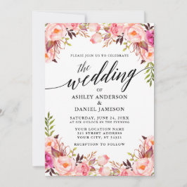 Calligraphie Wasserfarben Rosa Blush Bloral Hochze Einladung