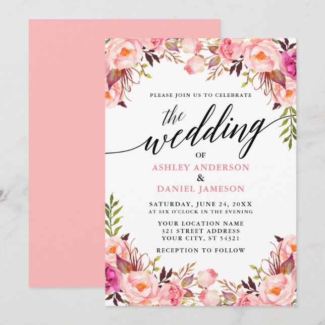 Calligraphie Watercolor Pink Blumenzehen Einladung (Vorne/Hinten)