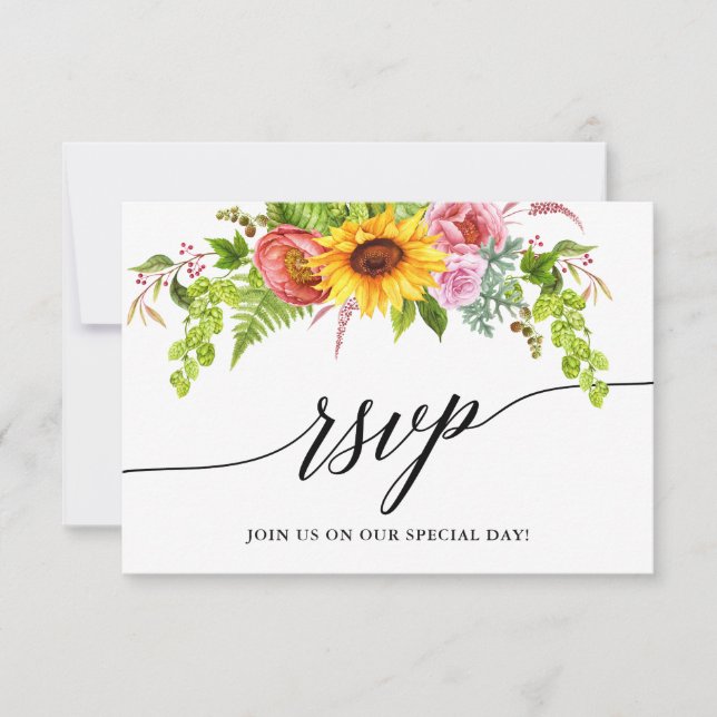 Calligraphie Watercolor Sonnenblumenhochzeit RSVP Karte (Vorderseite)