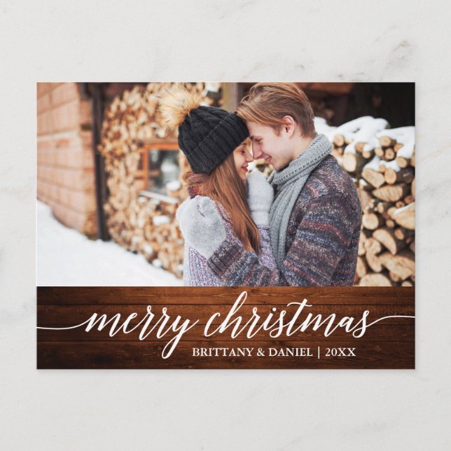 Calligraphie Wood Frohe Weihnachtscouple Foto Postkarte (Vorderseite)