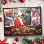 Calligraphie Wood Holly 5 Foto Weihnachtsfeiern Postkarte<br><div class="desc">Moderne Fun Calligraphie Script 5 Foto Couple Foto Collage Frohe Weihnachten Postkarte enthält Watercolor Christmas Holly Berries - Rustikales Landholz</div>