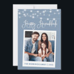 Calligraphische Lichter Sofortkamera Foto Hanukkah Feiertagskarte<br><div class="desc">Modern Fun Calligraphy Script,  Instant Camera Style Foto Happy Hanukkah Card - Dusty Blue mit String Lights</div>