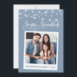 Calligraphische Lichter Sofortkamera Foto Hanukkah Feiertagskarte<br><div class="desc">Modern Fun Calligraphy Script,  Instant Camera Style Foto Happy Hanukkah Card - Dusty Blue mit String Lights</div>
