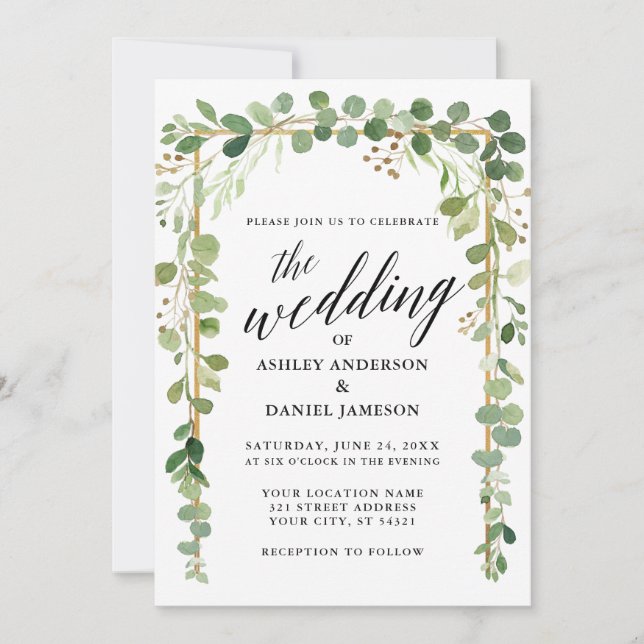 Calligraphische Watercolor Botanische Goldhochzeit Einladung (Vorderseite)