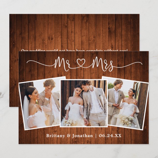 Calligraphisches Herz Mr. Wedding 3 Foto Wood Dankeskarte (Vorne/Hinten)