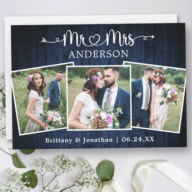 Calligraphisches Herz Mr. Wedding Blue Wood Dankeskarte (Customize to change your personalized text size or text style.)