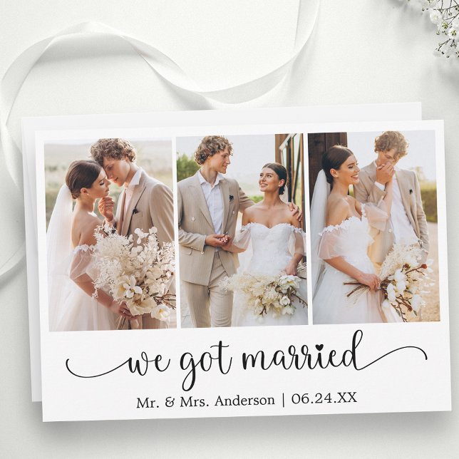 Calligraphy 3 Photo Heart We Got Married Ankündigung (Customize to change your personalized text size, text style or to add text to back of card.)