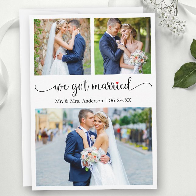 Calligraphy 3 Photo Red Heart We Got Married Ankündigung (Customize to change your personalized text size, text style or to add text to back of card.)