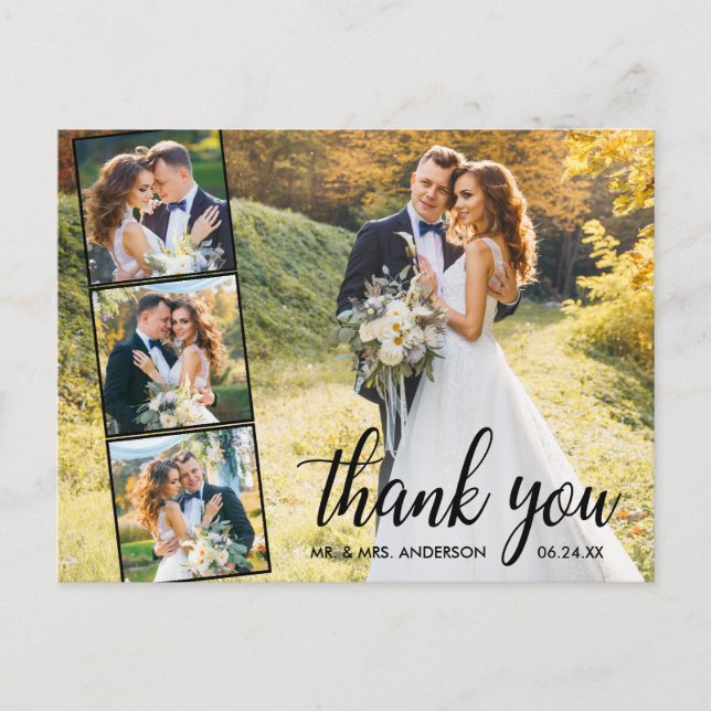Calligraphy 4 Foto Collage Wedding Vielen Dank Postkarte (Vorderseite)