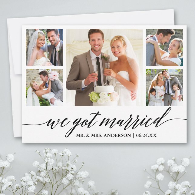 Calligraphy 5 Foto Wedding Announcement Card Dankeskarte (Customize to add text or more photos to back of card.)