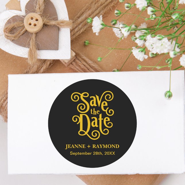 Calligraphy Black Gold Save the Date Hochzeit Runder Aufkleber (Von Creator hochgeladen)