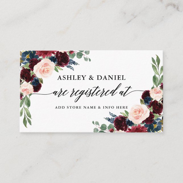 Calligraphy Blue Burgundy Floral Wedding Registry Begleitkarte (Vorderseite)