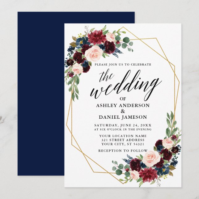 Calligraphy Blue Burgundy Geometric Gold Wedding Einladung (Vorne/Hinten)