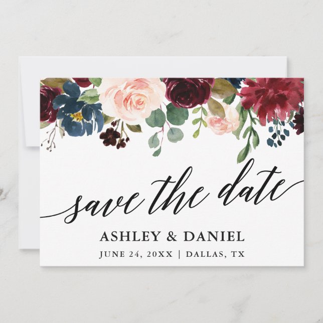 Calligraphy Blue Burgundy Save the Date Card Dankeskarte (Vorderseite)