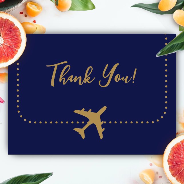Calligraphy Blue und Gold Boarding Pass Wedding Dankeskarte (Boarding Pass Wedding Thank You Card)