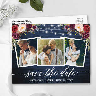 Calligraphy Blue Wood Floral Save the Date Postkarte