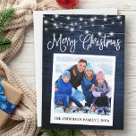 Calligraphy Blue Wood Lights Instant Camera Foto Feiertagskarte<br><div class="desc">Modern Fun Calligraphy Script,  Instant Camera Style Foto Frohe Weihnachtskarte - Rustikales Country Blue Wood mit String Lights</div>
