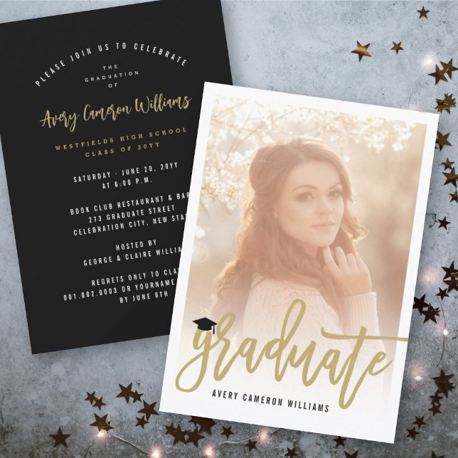 Calligraphy Brush Script Foto Graduation Party Einladung (Calligraphy Gold Brush Script Photo Modern Graduation Party Invitation @ zazzle.com/color_therapy)