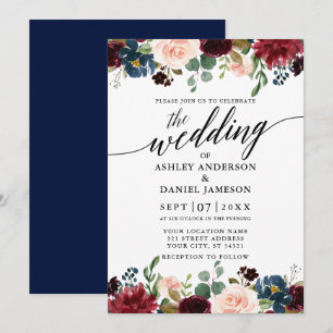 Calligraphy Burgundy Bloral Blue Wedding Einladung