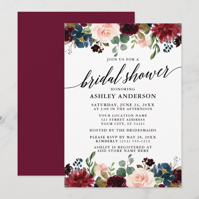 Calligraphy Burgundy Blue Floral Brautparty Einladung (Vorne/Hinten)