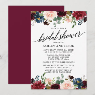 Calligraphy Burgundy Blue Floral Brautparty Einladung