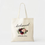 Calligraphy Burgundy Blue Floral Bridesmaid Name Tragetasche<br><div class="desc">Moderne elegante Kalligraphie,  Watercolor Burgundy Marsala Blue Pink Blütenbraun Bridmaid Name Tote Bag</div>