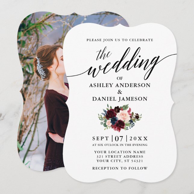 Calligraphy Burgundy Blue Floral Foto Wedding Einladung (Vorne/Hinten)