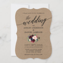 Calligraphy Burgundy Blue Floral Kraft Wedding