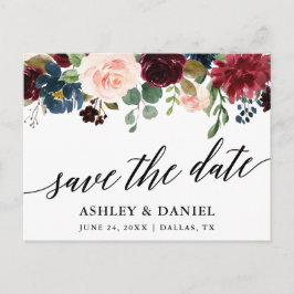 Calligraphy Burgundy Blue Floral Save the Date Postkarte