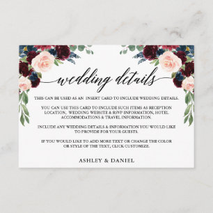 Calligraphy Burgundy Blue Floral Wedding Details Begleitkarte
