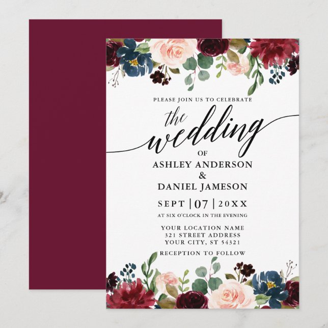 Calligraphy Burgundy Blue Floral Wedding Einladung (Vorne/Hinten)