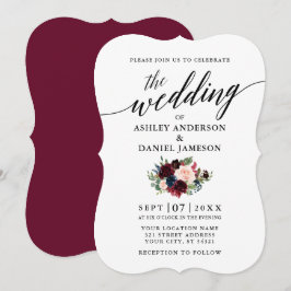 Calligraphy Burgundy Blue Floral Wedding Einladung