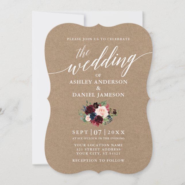 Calligraphy Burgundy Blue Floral Wedding Kraft Einladung (Vorderseite)