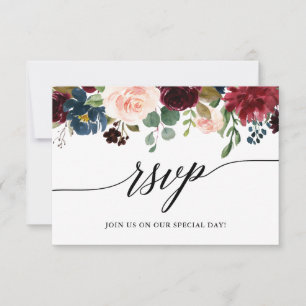 Calligraphy Burgundy Blue Floral Wedding RSVP Meet Karte