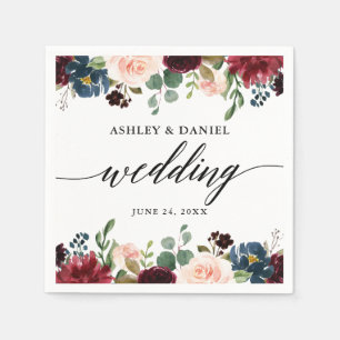 Calligraphy Burgundy Blue Floral Wedding Serviette