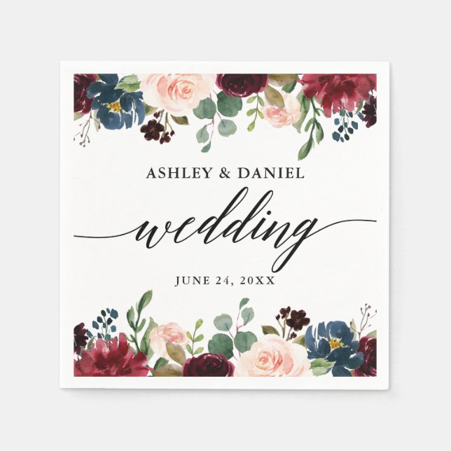 Calligraphy Burgundy Blue Floral Wedding Serviette (Vorderseite)