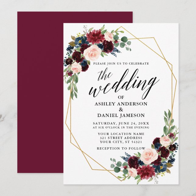 Calligraphy Burgundy Blue Geometric Gold Wedding Einladung (Vorne/Hinten)
